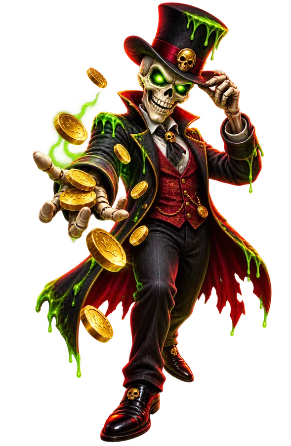 Maskot Casino Spookino – kostlivec v cylindru se zlatými mincemi